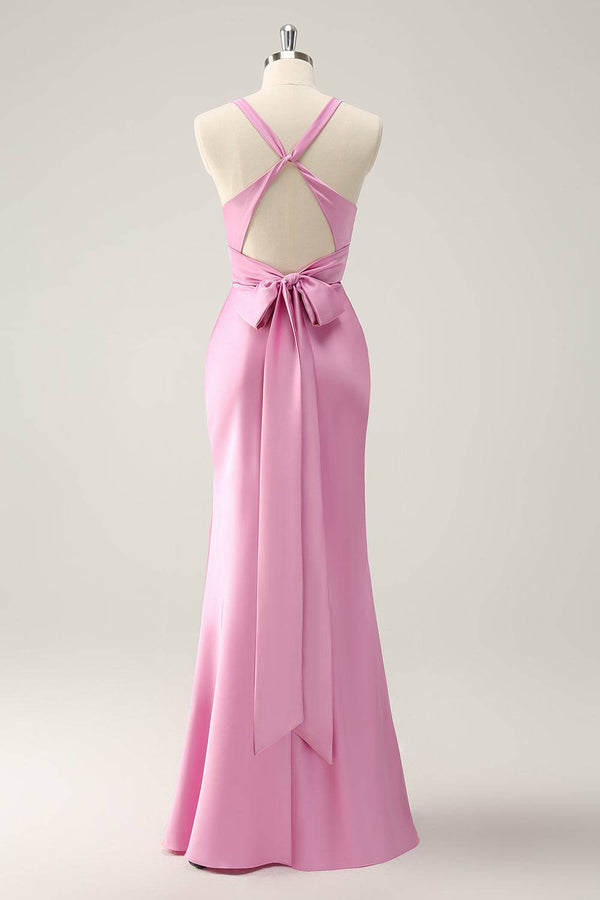 Plunging Neck Pink Twist  Mermaid Maxi Dress