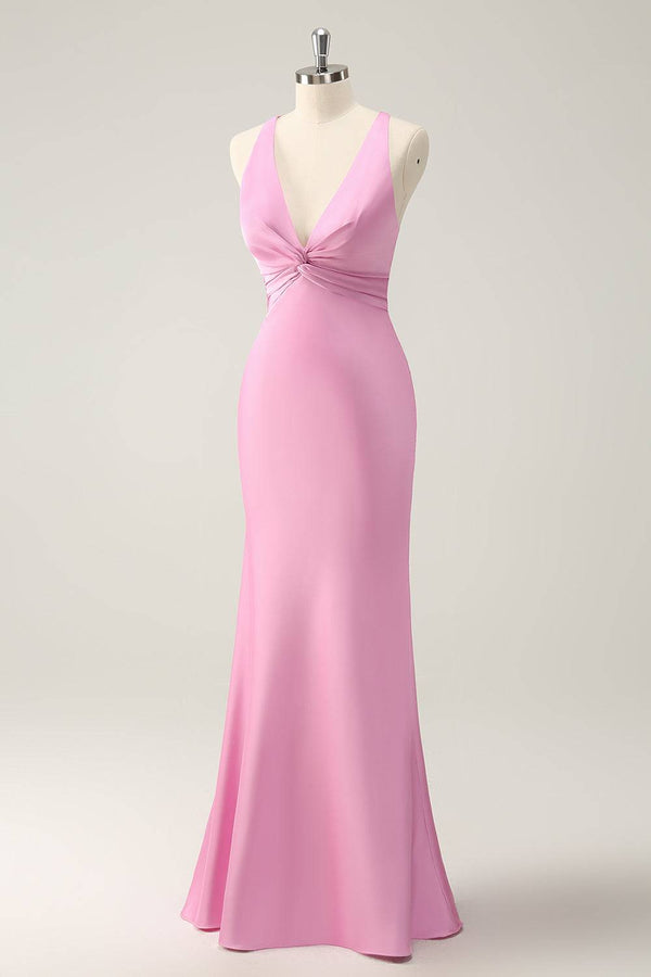 Plunging Neck Pink Twist  Mermaid Maxi Dress