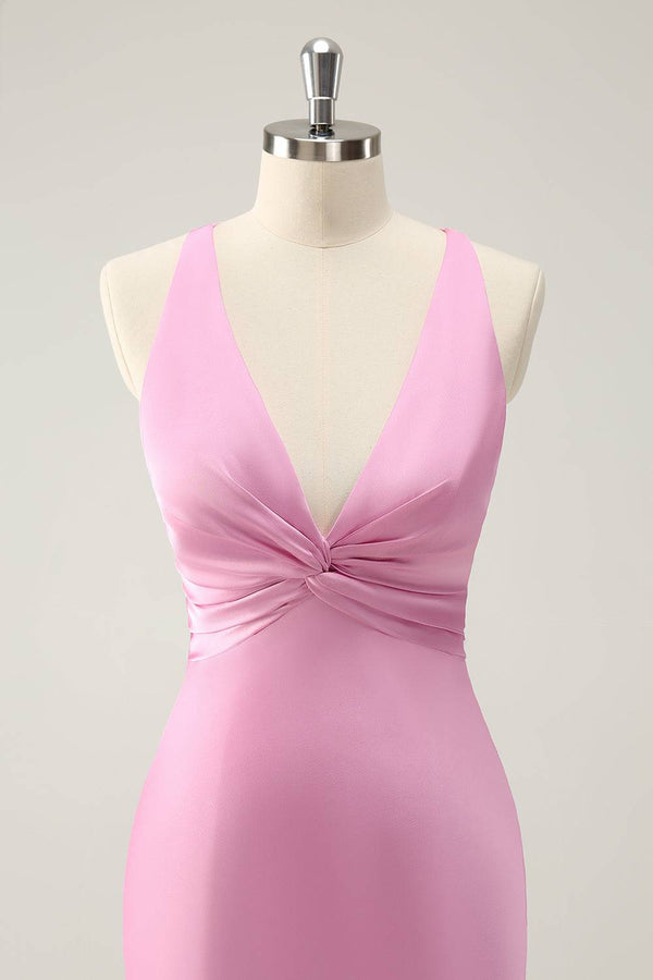 Plunging Neck Pink Twist  Mermaid Maxi Dress