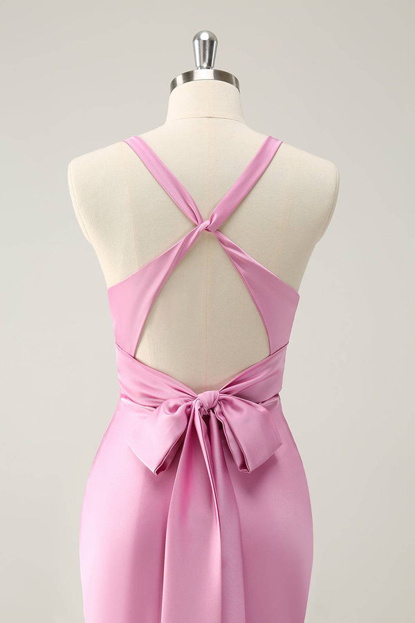 Plunging Neck Pink Twist  Mermaid Maxi Dress