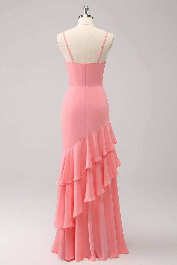 Coral Straps Mermaid Maxi Dress with Ruffles