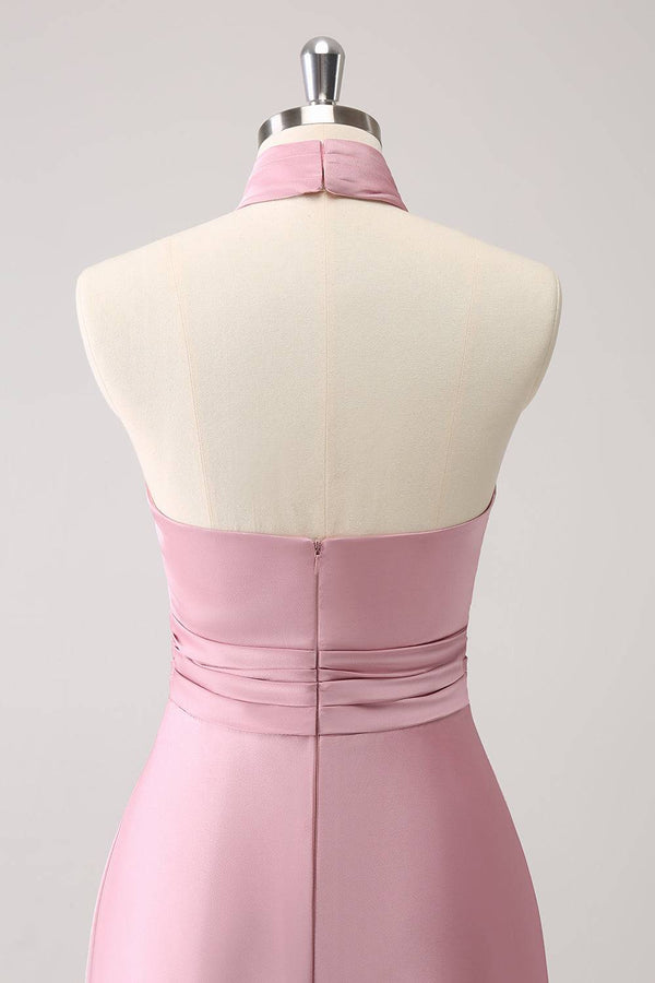 Halter Blush Pink Rosette Slit Maxi Dress