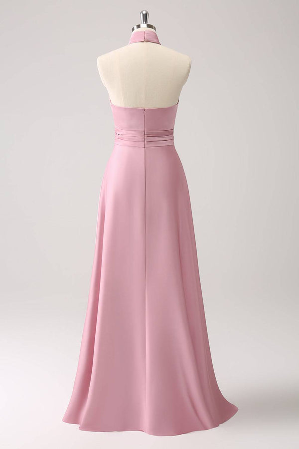 Halter Blush Pink Rosette Slit Maxi Dress