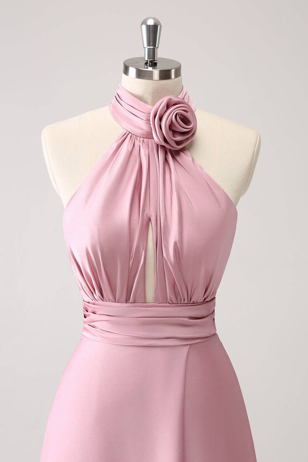 Halter Blush Pink Rosette Slit Maxi Dress