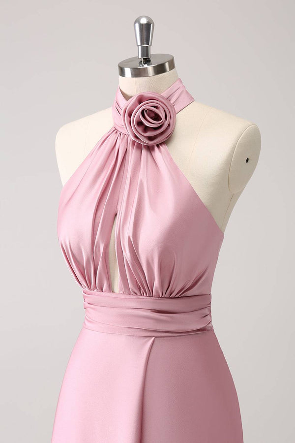 Halter Blush Pink Rosette Slit Maxi Dress