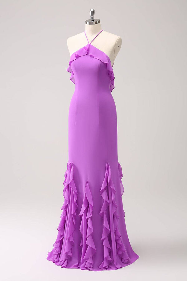 Straps Lilac Chiffon Ruffle Maxi Dress