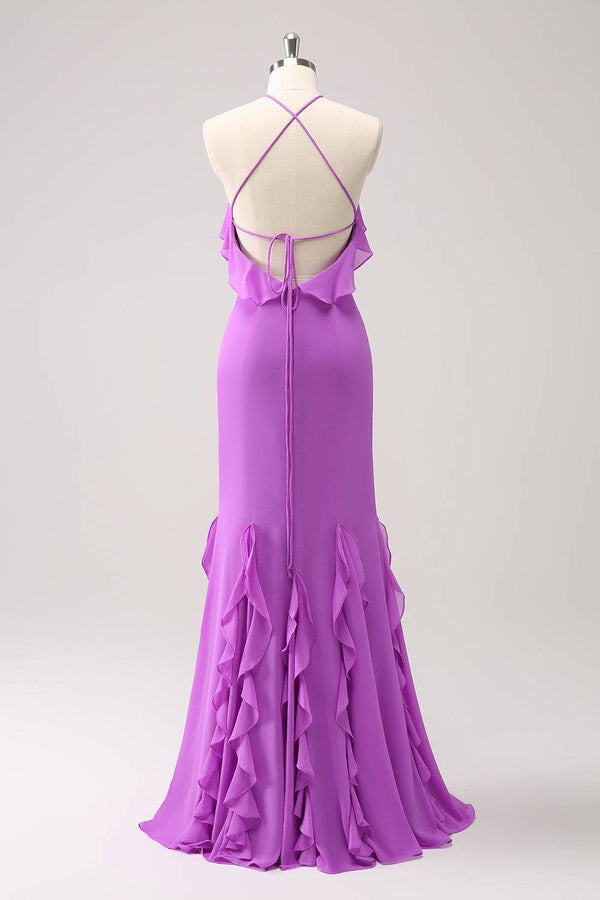 Straps Lilac Chiffon Ruffle Maxi Dress