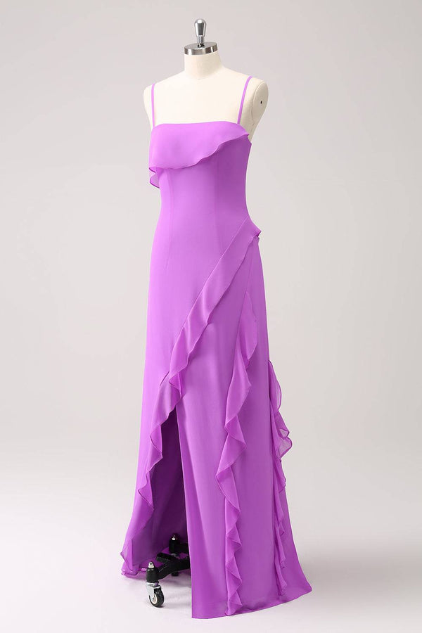 Lilac Strap Ruffle Slit Maxi Dress