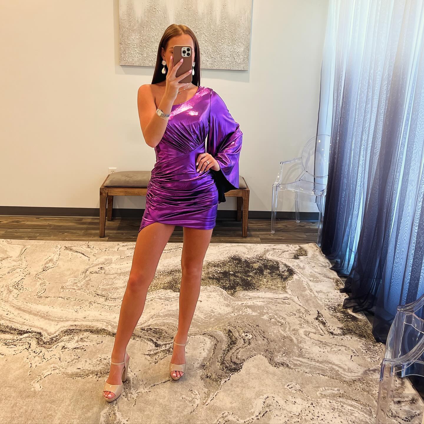 fitted lace wedding dress Metallic Purple One Shoulder Mini Dress with Puff Sleeve – FancyVestido