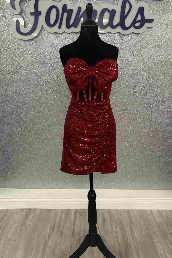 Sweetheart Red Sequin Ruched Short Homecoming Dress with Bow