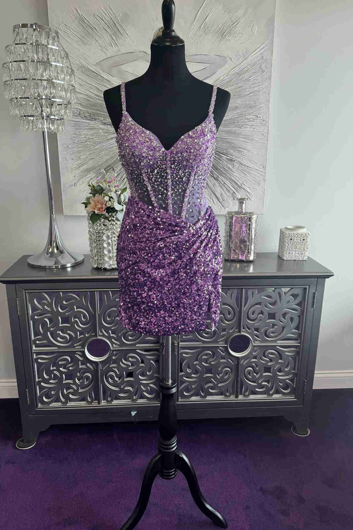Fitted Purple Straps Beaded Sequin Mini Homecoming Dress – FancyVestido
