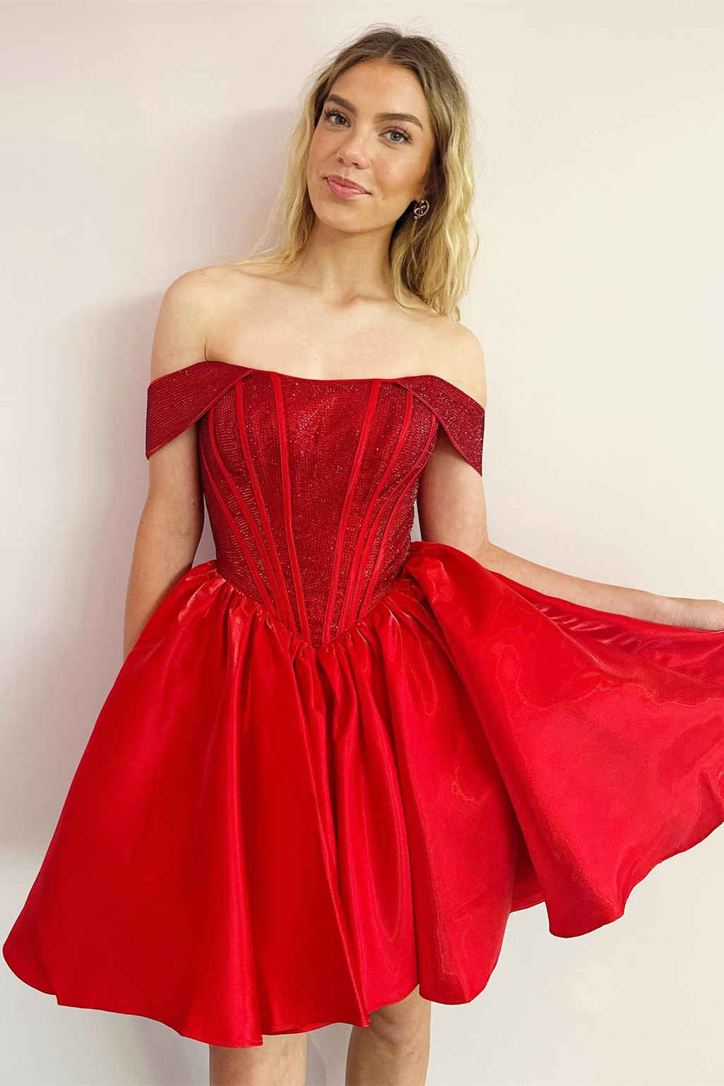 Cute Off the Shoulder Red Beaded A-Line Party Dress FancyVestido Cute Off the Shoulder Red Beaded A-Line Party Dress FancyVestido