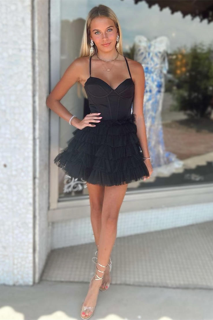 Straps Black Corset Tiered Short Party Dress – FancyVestido