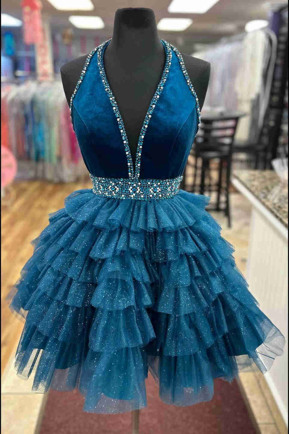 Halter Teal Beaded Ruffled Homecoming Dress – FancyVestido