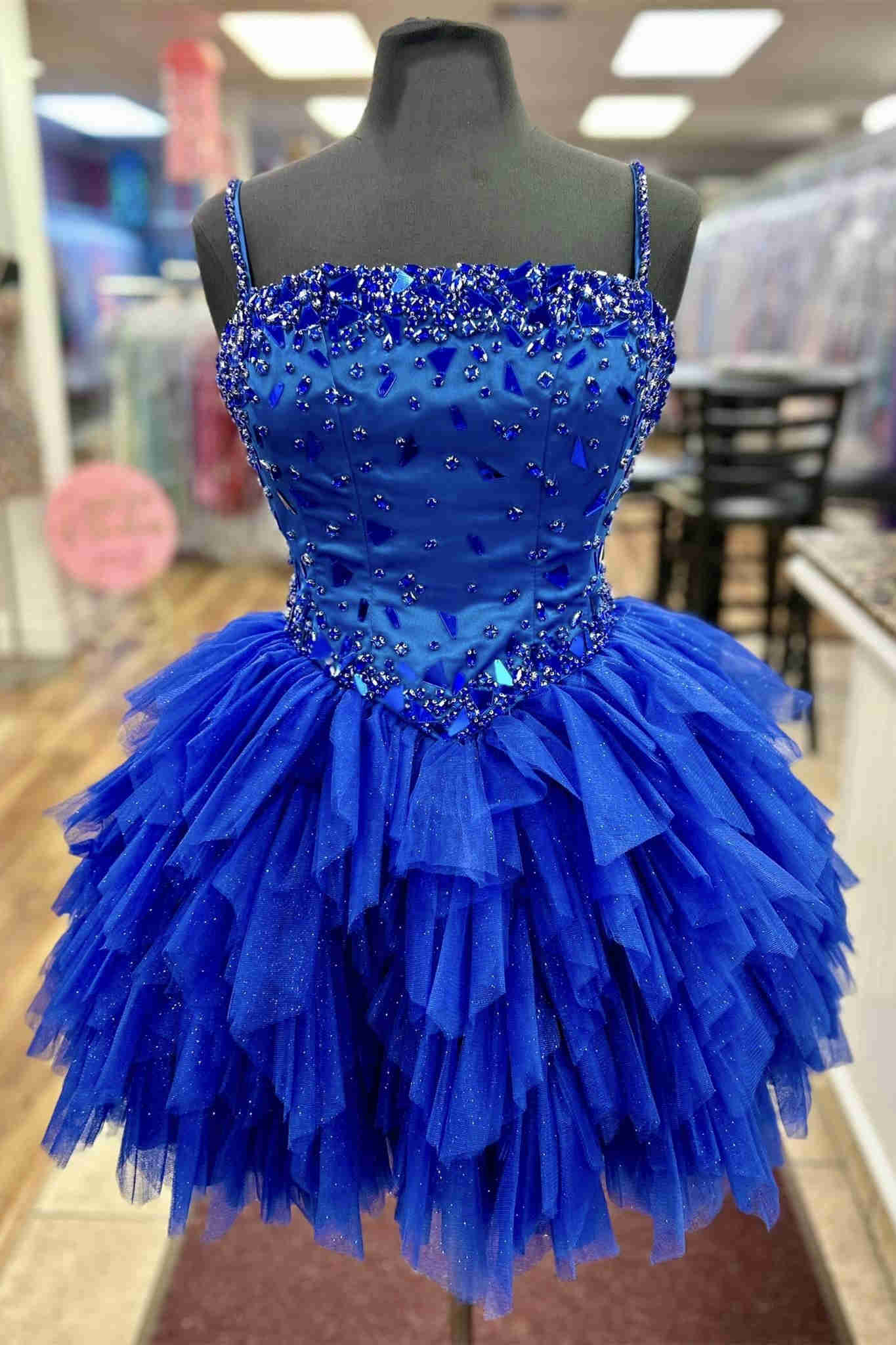 Royal Blue Straps Cut Mirror Sequin Ruffle Short Party Dress FancyVestido Royal Blue Straps Cut Mirror Sequin Ruffle Short Party Dress FancyVestido