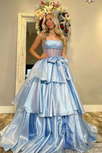 Strapless A-Line Ruffle Prom Dress with Bow