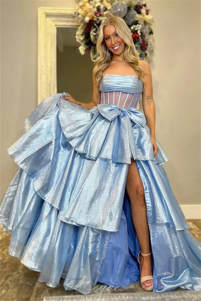 Strapless A-Line Ruffle Prom Dress with Bow – FancyVestido Strapless A-Line Ruffle Prom Dress with Bow – FancyVestido
