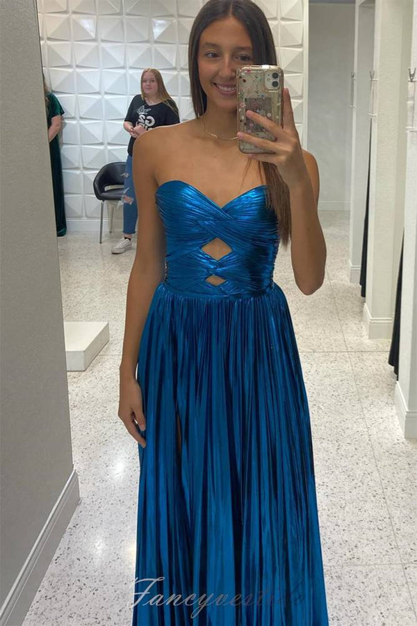 Strapless Metallic Keyhole Pleated Prom Dress with Slit