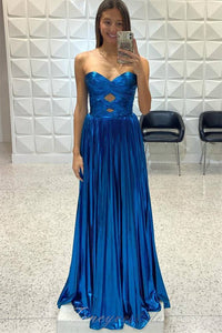 Strapless Metallic Keyhole Pleated Prom Dress with Slit