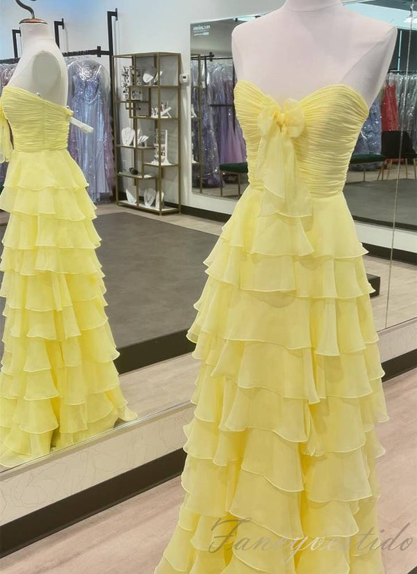 Strapless Hot Pink Chiffon Ruffle Prom Dress with Slit