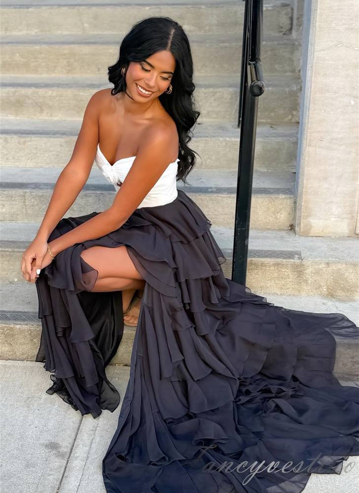 Strapless Chiffon Ruffle A-Line Slit Prom Dress with Floral FancyVestido Strapless Chiffon Ruffle A-Line Slit Prom Dress with Floral FancyVestido