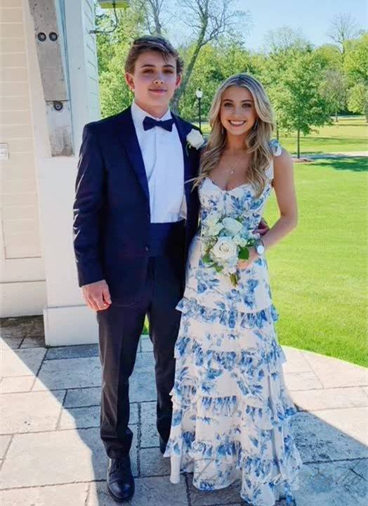 Straps Blue Floral Ruffle Long Prom Dress with Slit FancyVestido Straps Blue Floral Ruffle Long Prom Dress with Slit FancyVestido