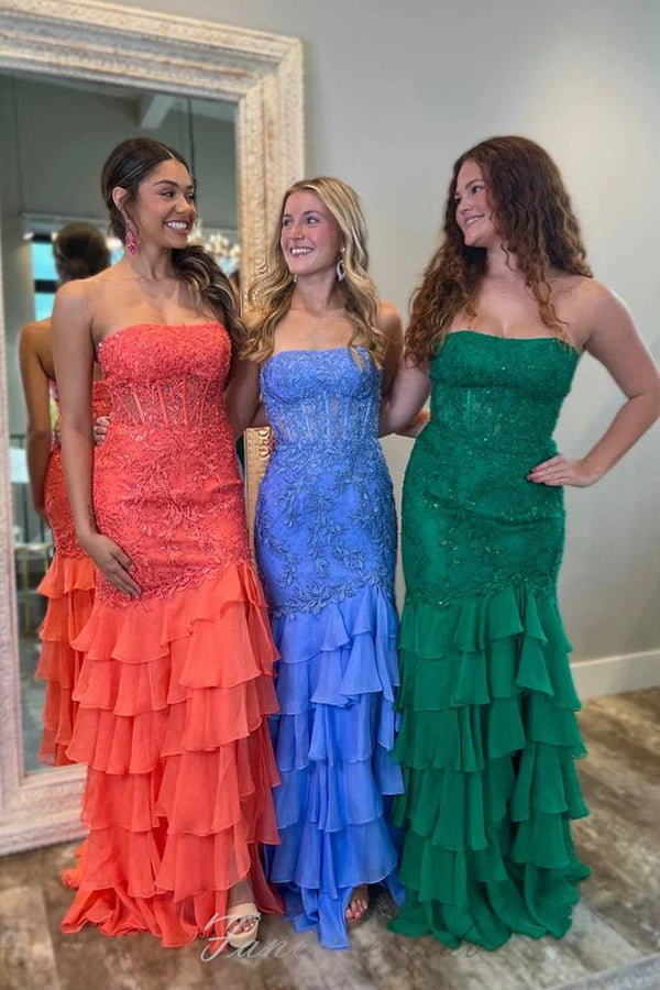 Strapless Applique Ruffle Mermaid Prom Dress with Slit