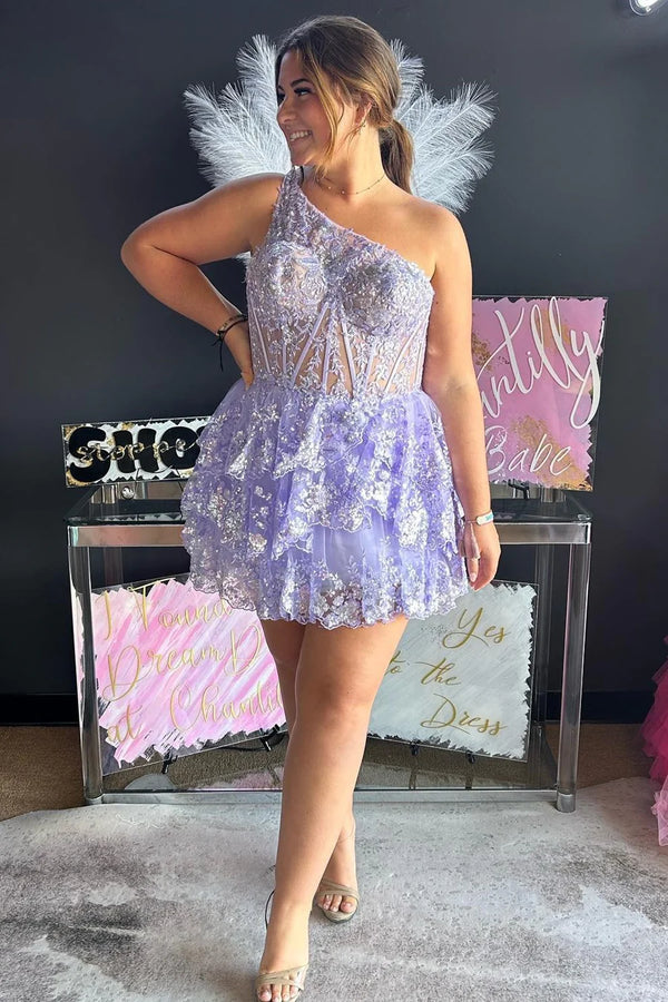 A-Line One Shoulder Navy Blue Sequins Tiered Short Homecoming Dress
