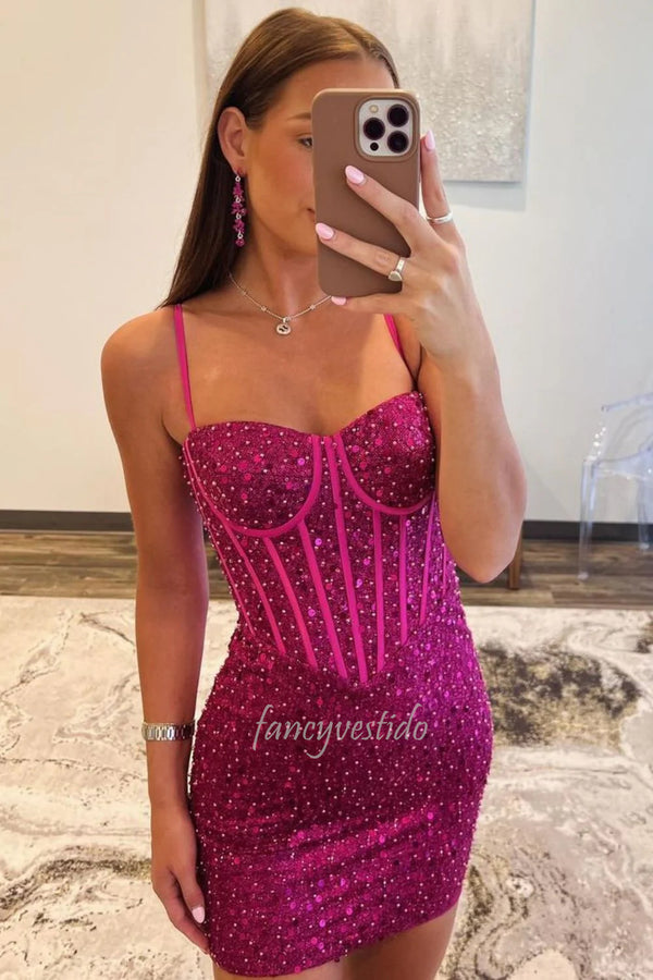 Straps Gold Sequins Short Tight Homecoming Dresss