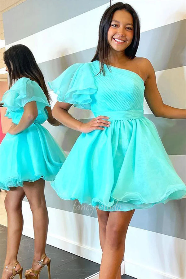 White One Shoulder Ruffle Tulle Homecoming Dress