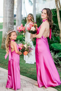 Sky Blue Halter Satin Long Bridesmaid Dress