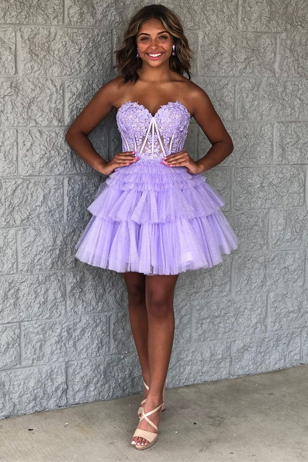 Pink Appliques Strapless A-line Multi-Layers Homecoming Dress