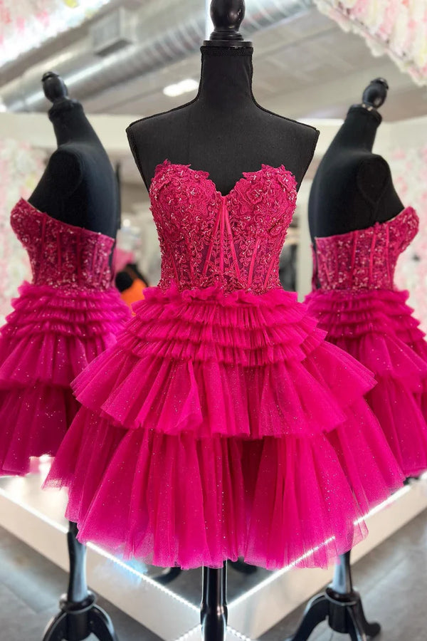 Pink Appliques Strapless A-line Multi-Layers Homecoming Dress