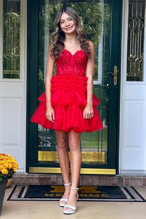 Pink Appliques Strapless A-line Multi-Layers Homecoming Dress