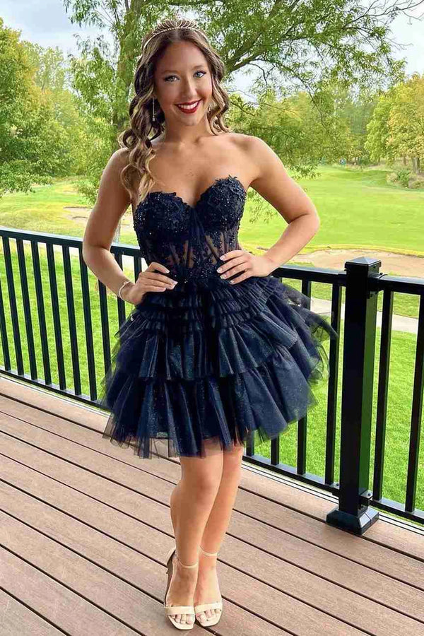Sweetheart Red Lace Corset Tiered Short Homecoming Dress