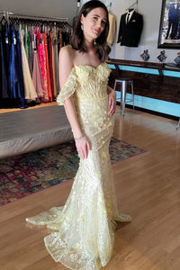 Yellow Ruffle Straps 3D Flower Mermaid Long Prom Dress