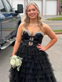 black ruffle prom dress KissProm A line Off-the-Shoulder Glitter Tulle with Slit, / 14 Waist 63cm Stylish Black Ruffles Off shoulder