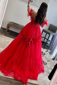 Feather Off Shoulder Lace A-Line Prom Dress with 3D Floral