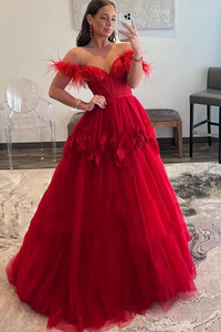Feather Off Shoulder Lace A-Line Prom Dress with 3D Floral