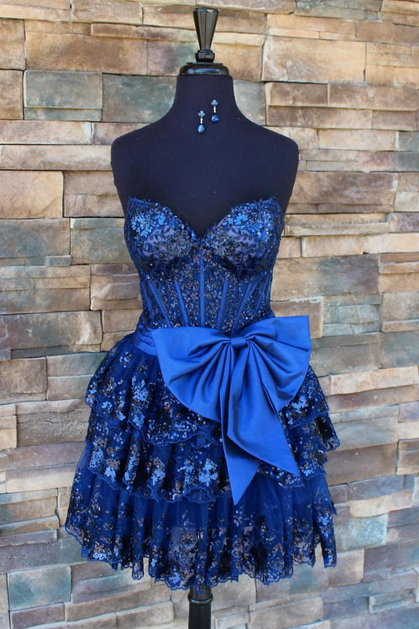 Red Corset Sequin Appliques Short Party Dress with Bow