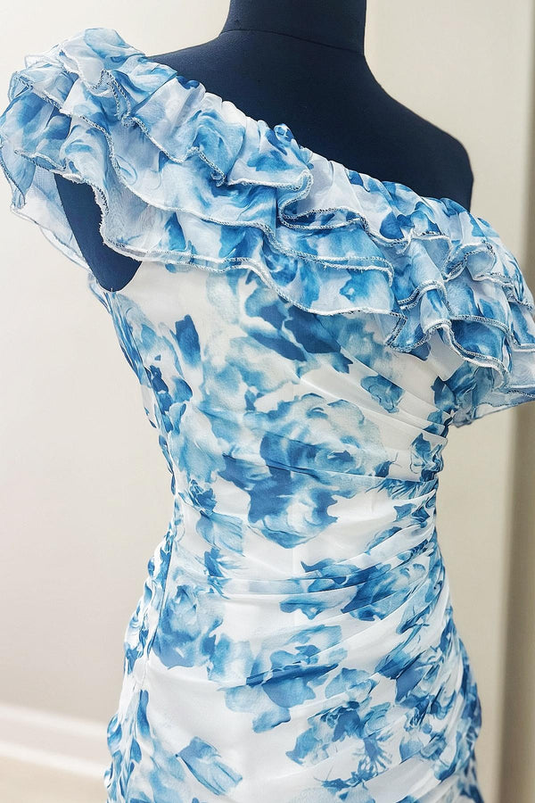 Cute Ruffled One-Shoulder Pink Floral Print Mini Homecoming Dress
