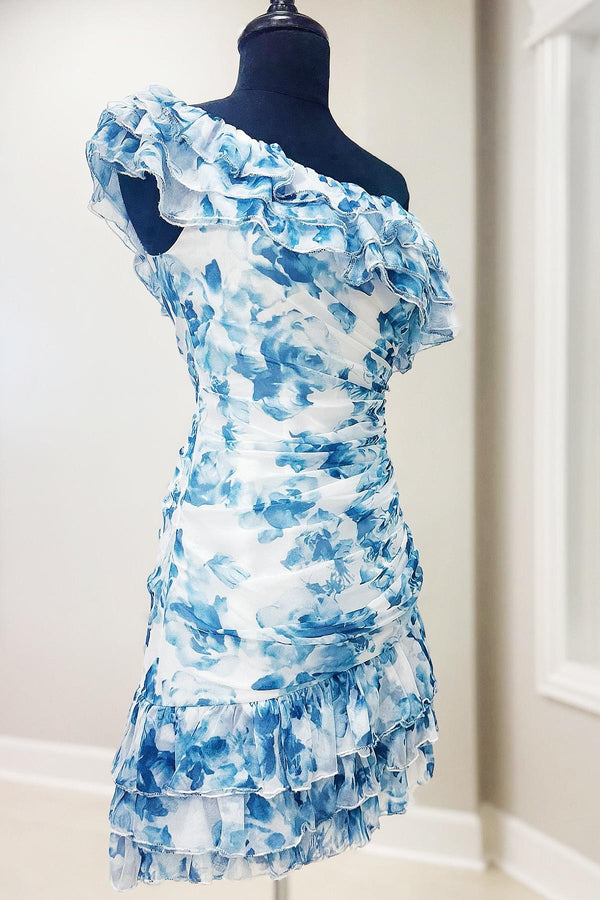 Cute Ruffled One-Shoulder Pink Floral Print Mini Homecoming Dress