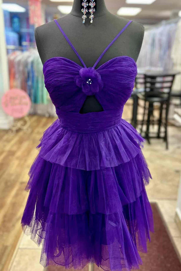 Straps Orange Keyhole Rosette A-Line Ruffle Homecoming Dress