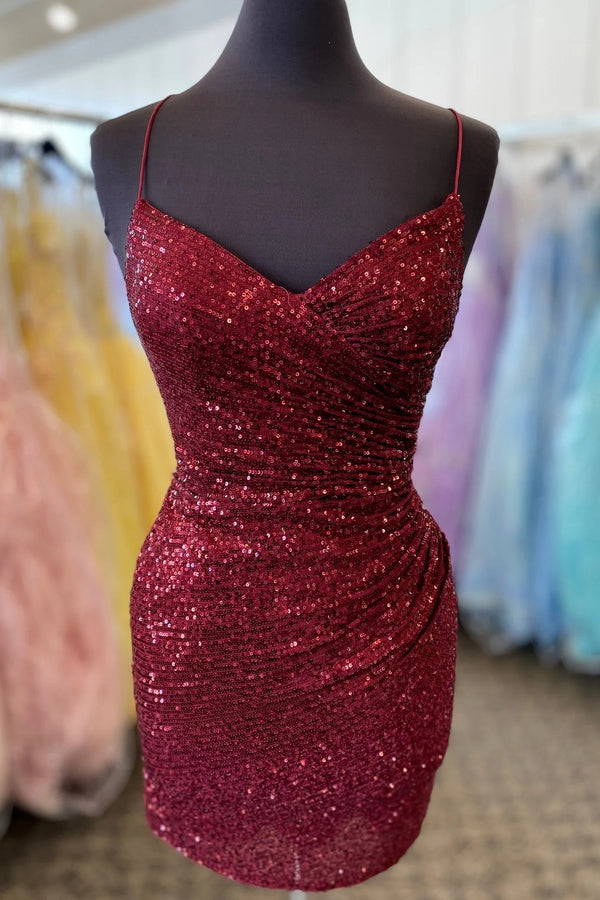 V-Neck Straps Royal Blue Sequin Ruched Homecoming Dress