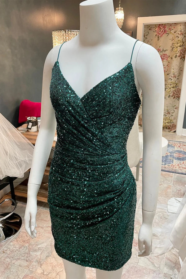 V-Neck Straps Royal Blue Sequin Ruched Homecoming Dress