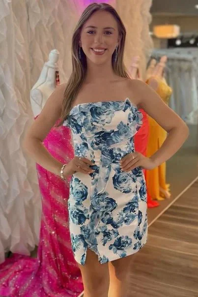 Strapless Blue Floral Print Mini Dress with Ruffles