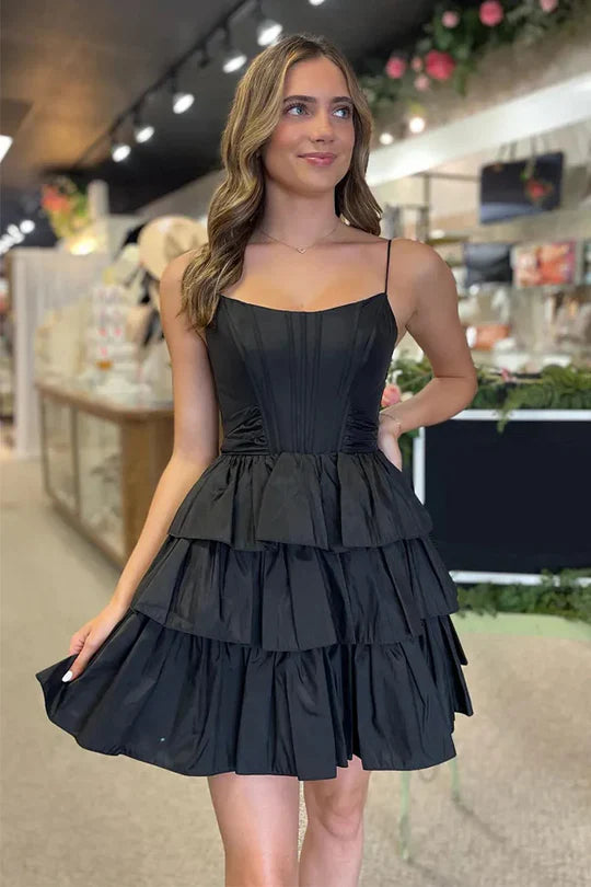 Straps A-Line Ruffle Homecoming Dress with Bow