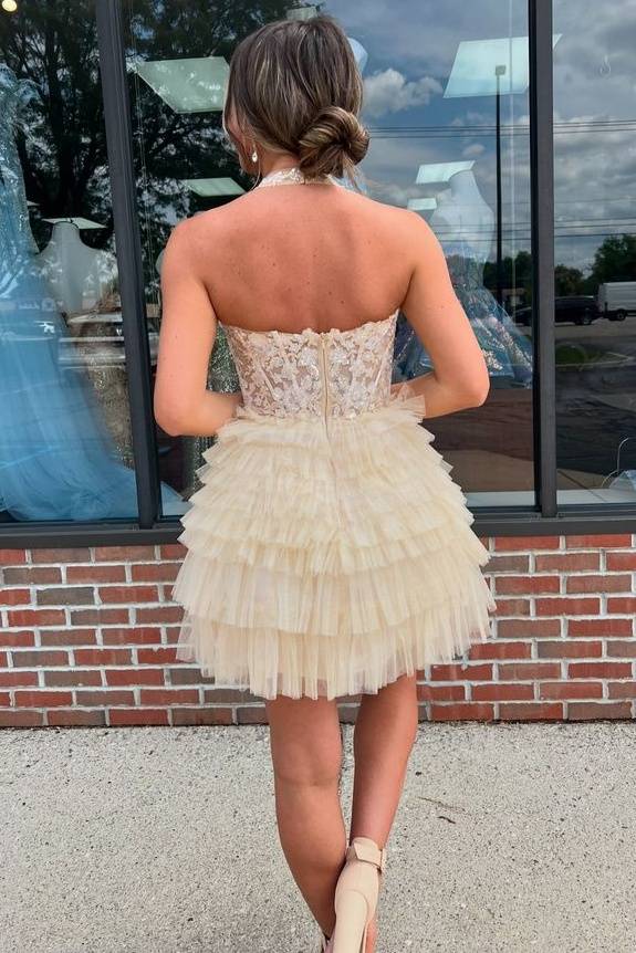 Halter A-Line Layered Homecoming Dress Applique Plunging Neck