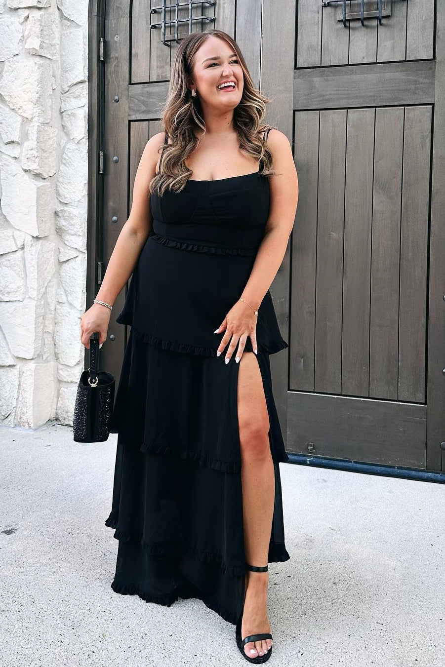 Black Straps High Slit Bridesmaid Dress with Ruffle FancyVestido Black Straps High Slit Bridesmaid Dress with Ruffle FancyVestido