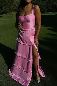 Hot Pink Ruffle Slit Bridesmaid Dress with Lace-up 